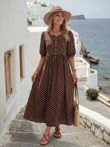 EMERY ROSE Women's Round Neck Mid-Sleeve Brown And White Polka Dot Long Dress Vacation Summer Boho - Multicolor - View 6