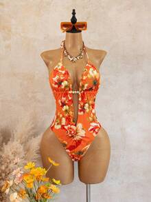 Swim SXY Bonvoyette 女款優雅性感紅色花卉兩件式比基尼套裝，花卉印花掛脖泳衣搭配透視網紗罩衫迷你裙，深 V 領 - 橘色 - 查看 6