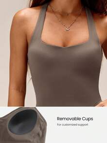 GLOWMODE FeatherFit™ SweetGlow Buttery-Soft Sweetheart Neck Adjustable Back Crop Tank With Removable Cups Yoga Pilates Studio Daily Wear - Moss Green - View 3