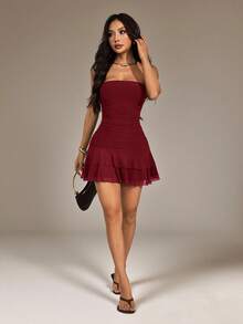 Vestido mini fruncido sin tirantes con bajo de volantes para mujer - Rojo - Ver 10