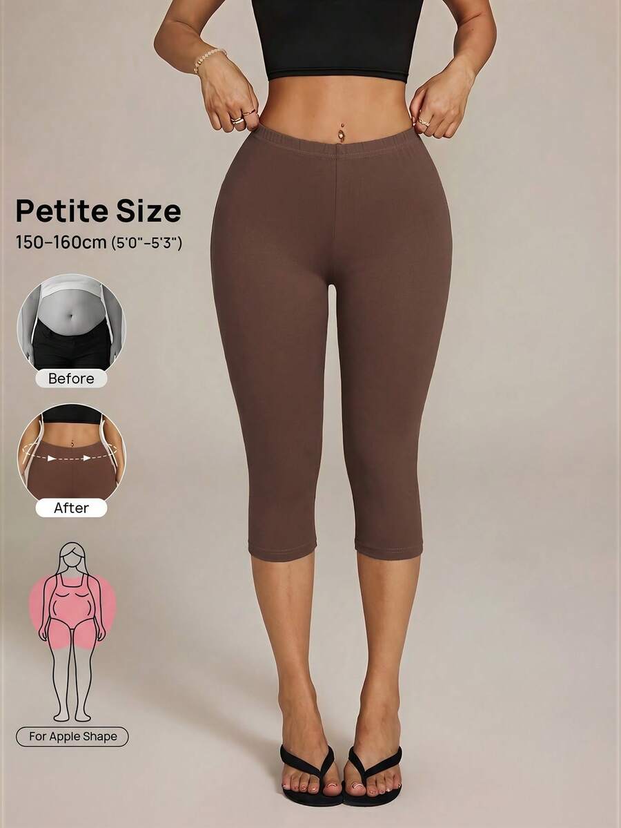 SHEIN PETITE 女款素色休閒百搭日常出遊緊身內搭褲 - 駝色 - 查看 1