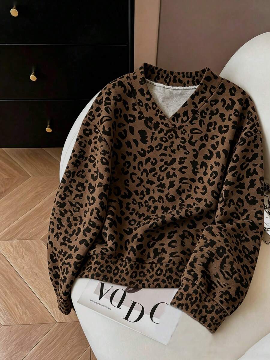 INAWLY Women's Casual Leopard Print Dropped Shoulder Loose Fit Sweatshirt, Autumn/Winter - Chocolate Brown - View 1