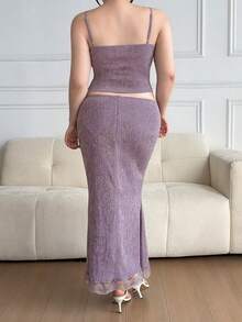 Dazy Plus 2pcs/Set Women's Plus Size Spring/Summer Outfit, Contrast Lace Neckline Bow Decor Fitted Camisole Top & Elegant Purple Wrap Skirt Vacation - Lilac Purple - View 3