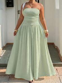 Muchica Vestido de Talla Grande sin Tirantes sin Mangas con Pliegues en Línea A - verde menta - Ver 1