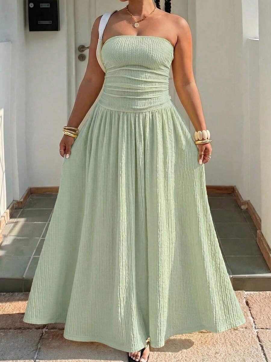 Muchica Vestido de Talla Grande sin Tirantes sin Mangas con Pliegues en Línea A - verde menta - Ver 1