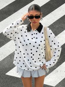Muchica 女款圓點印花 Polo 領長袖休閒 T恤 - 白色 - 查看 3