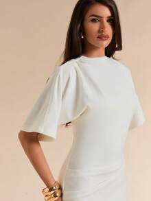 SHEIN BAE Spring/Summer Solid White Short Sleeve Fitted Pleated Elegant Dress For Women - White - View 7