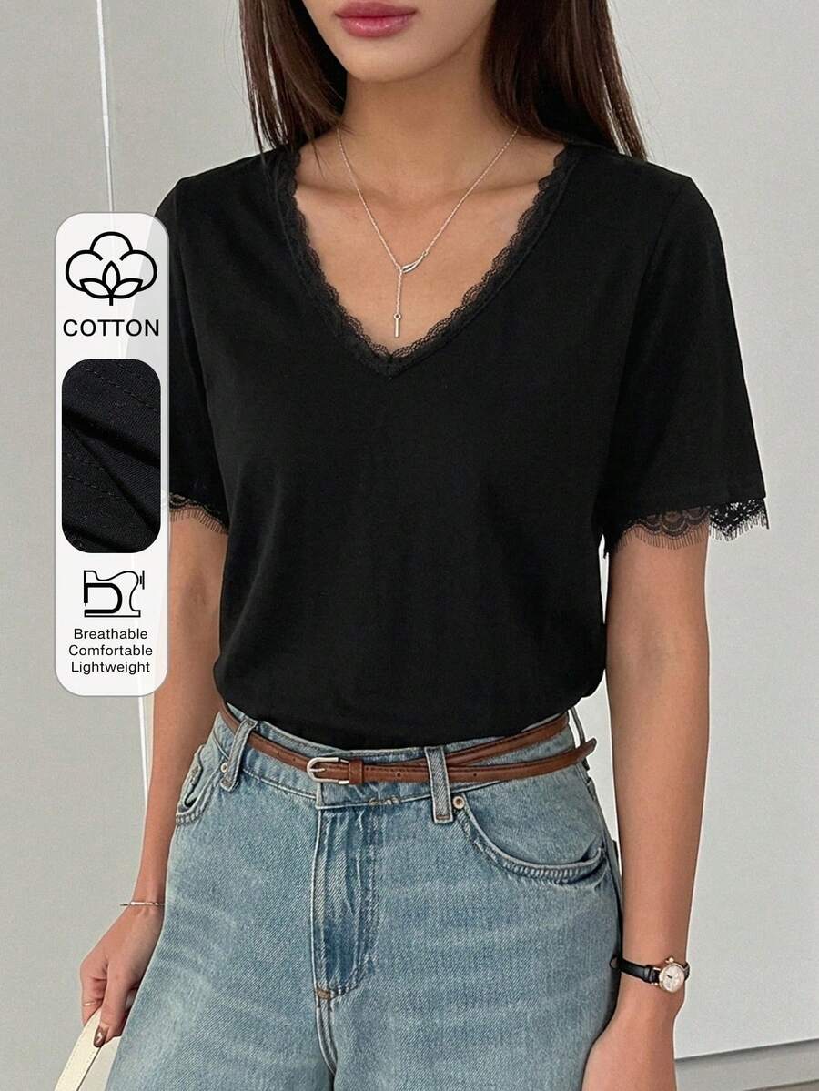 DAZY Women's Summer Round Neck Short Sleeve Lace Patchwork Casual Pullover T-Shirt - Black - View 1