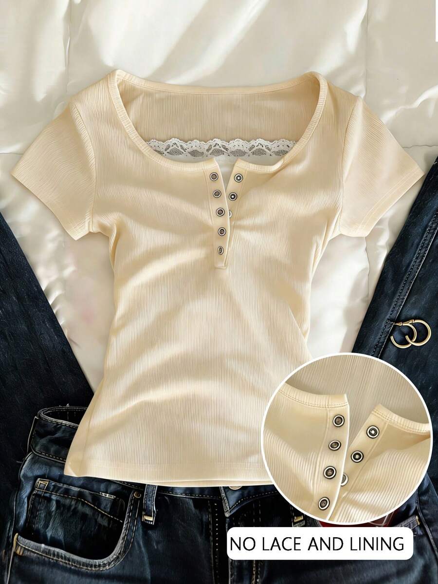 Camiseta de manga corta casual y de oficina con contraste de encaje y botones a la mitad, para verano - Multicolor 8 - Ver 1