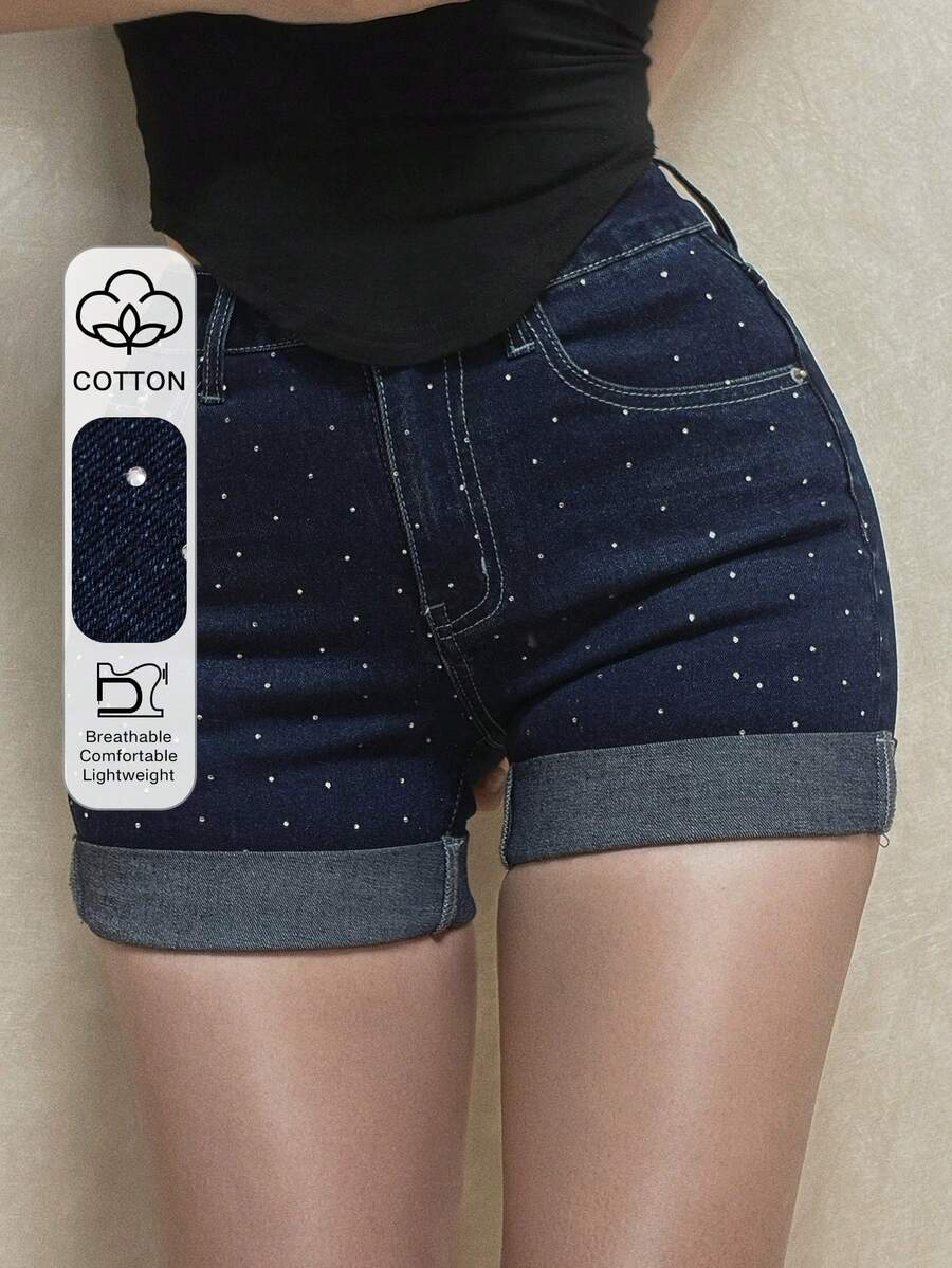 DAZY 女款中腰水鑽裝飾性感休閒牛仔短褲 Y2K - 深色水洗藍 - 查看 1