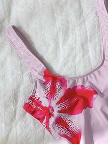 Swim Chiccia 女款一件式百合花圖案印花粉色休閒海島海灘度假泳衣，百搭休閒 - 粉色 - 查看 4