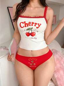 PetitDoll 女款蕾絲拼接內衣套裝 2件組 - 紅白色 - 查看 1