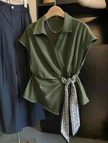 SHEIN Franclia 女款腰部打結休閒百搭日常出遊襯衫 - 軍綠色 - 查看 1