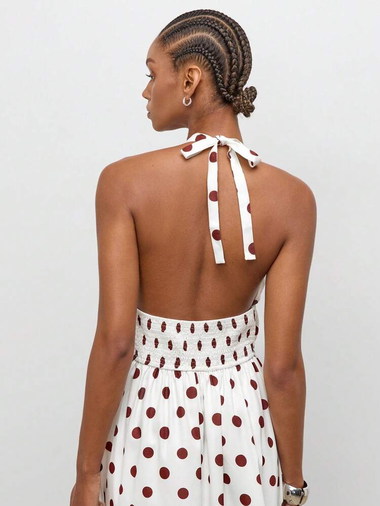 SHEIN Maija Women's Halter Neck Tie Polka Dot Elastic Adjustable Waist Full Flare Maxi Dress, Vintage Old Money Teacher Style Romantic Fashion Versatile Summer Party Top Beach Vacation Outing Graduation Ceremony Elegant Blouse Casual Shirt Formal Attire Work Office