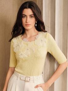 Anewsta Summer Casual Pale Yellow Textured Floral Decor Knit T-Shirt, Versatile Elegant Garden Party - Pale Yellow - View 4