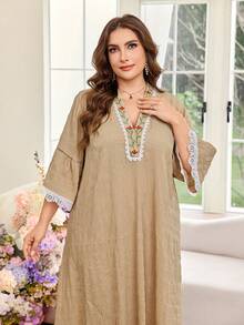 Al Najma Plus Size Women Arabic Style Dress - Khaki - View 3