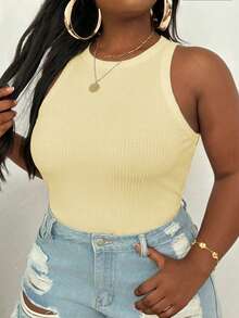 Slaydiva 92% Cotton Ribbed Tank Top Plus Size Casual Basic Fitted Yellow Round Neck Off Shoulder Vest - Yellow - View 5