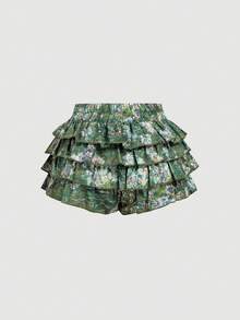 SHEIN MOD 女款彈性腰圍蝴蝶結裝飾休閒百搭日常出遊蛋糕短褲 - 綠色 - 查看 2