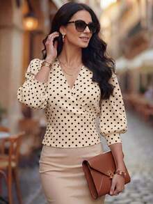 EMERY ROSE New Polka Dot V-Neck Criss-Cross Petal Sleeve Fitted Short Women Blouse, Spring/Summer - Multicolor - View 5