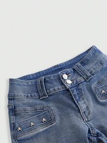 ROMWE Grunge Punk Summer Outfits Vintage Y2K Sexy Ultra Low Waist Denim Capri Pants - Baby Blue - View 3