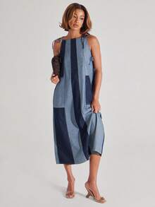 NYA SZN Denim Overalls Tie Strap Color Block Oversized Casual Loose Brunch Vacation Fourth Of July Navy Blue Outfits For Women Autumn - Multicolor - View 1