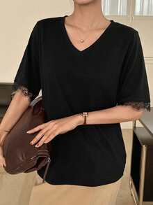 DAZY 女款夏季圓領短袖蕾絲拼接休閒套頭T恤商務休閒女裝 - 黑色 - 查看 3