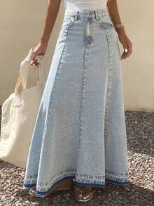 Livesso Tall Chân váy maxi denim nữ viền rách, kiểu dáng nghỉ dưỡng - Rửa nhẹ - Xem 4