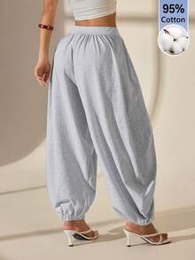 SHEIN PETITE Women's Solid Color Pleated Casual Versatile Daily Lantern Pants Loungewear Gray Autumn Going Out Everyday Work Home Festival - Grey - View 2