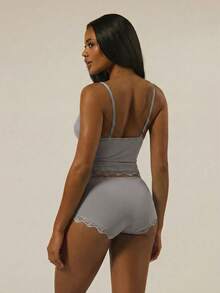 MUSERA ESSENTIALS Triangle Bust Lace Trim Adjustable Strap Cami Top And Fitted Boxer Boyshort Multipack Set  Lingerie Evening Everyday Summer - Grey - View 2