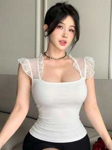 DAZY 夏季白色蕾絲飾邊拼接婚宴舞會禮服修身優雅通勤透視短袖女上衣 - 白色 - 查看 5