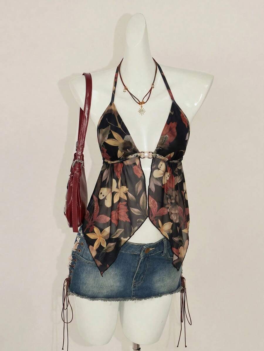 SHEIN ICON Y2K復古性感花卉印花掛脖露背背心,開衩下擺 - 彩色 - 查看 1