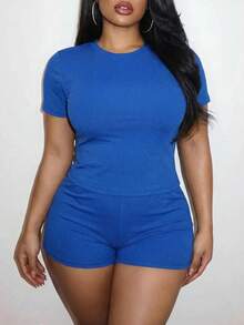 Slaydiva Summer Light Blue Crew Neck Short-Sleeved T-Shirt + Mini Letter Stretch Shorts. Stretch Knit Ribbed Fabric. Plus Size Women's Two Pieces Set. - Blue - View 6