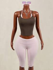 Mistrie Women's Summer Sports Casual 2 In 1 Halter Neck Tank Top And Knee Length Shorts Set - Pink - View 8