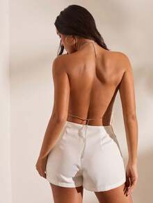Opulessa Women's Metallic Texture Asymmetrical Hem Sexy Halter Top - Silver - View 6