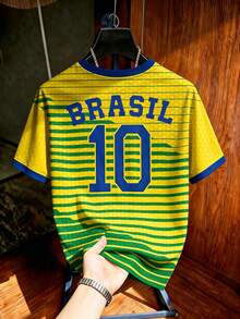 Aesthetic Post 男士黃綠條紋 BRASIL 字母印花運動 T 恤，球迷休閒上衣，適合戶外旅行、聚會、足球支持者世界盃、度假 - 彩色 - 查看 2