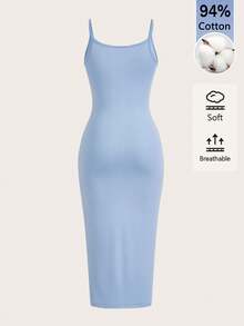 SHEIN BASICS 女款素色貼身優雅細肩帶洋裝 - 灰藍色 - 查看 4