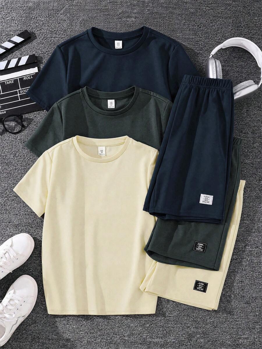 SHEIN 6件套/套 青少年男童舒适休闲金属项链装饰圆领短袖T恤和短裤两件套,高性价比,适合户外玩耍、街头摄影、派对、居家休闲。 - 彩色 - 查看 1