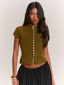 SHEIN BAE Regular Women's Button Knit Top - Green - View 6