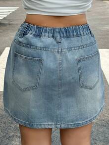 Dazy Plus Light Wash Distressed Denim Mini A-Line Skirt With Rhinestone Decor, Plus Size, Spring/Summer - Light Wash - View 5