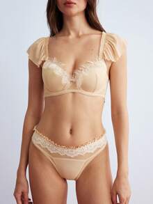 Elorette 女款素色對比蕾絲時尚舒適內衣套裝 - 藕粉色 - 查看 6