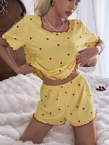 CottageSlumber Conjunto de pijama de mujer con camiseta de manga corta y pantalones cortos, ajuste holgado, punto acanalado, costura densa, estampado de corazones pequeños rojos - Amarillo - Ver 4