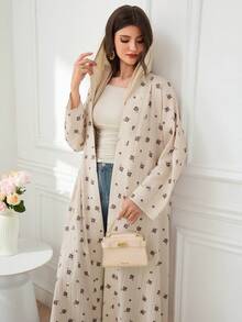 Yasmyna Women's Floral Print Long Sleeve Loose Arabic Abaya - Khaki - View 5