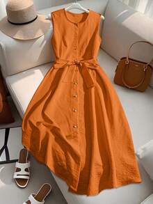GlowEve CURVE Plus Size Round Neck Sleeveless Button Waist Belt Solid Color Long Elegant Casual Summer Commute Formal Vacation Dress For Women Orange - Orange - View 3