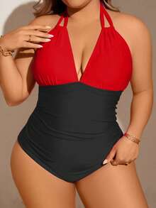 SHEIN Swim Curve 大尺碼女款掛脖式撞色一件式泳衣，適合海灘度假、泳池派對、海灘派對 - 紅色 - 查看 5