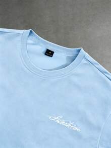 Manfinity Roughcore Men's Short Sleeve T-Shirt, Back Large Line Letter Print, Handwritten English Font Design, Street Fashion, Versatile Casual T-Shirt, Raglan Sleeve Print, Suitable For Home, Outings And Travel, Gift For Son Or Husband - Blue - View 5
