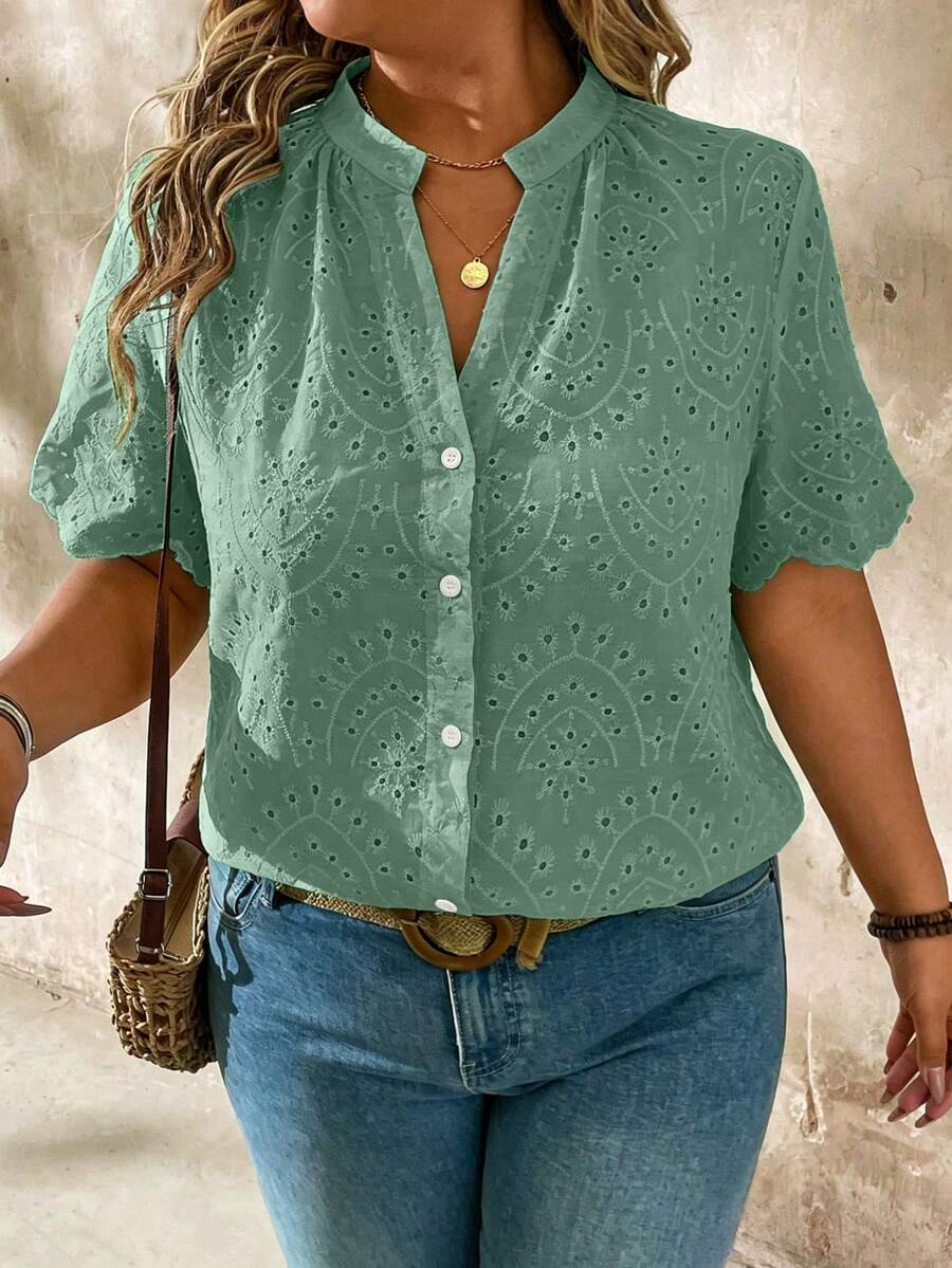EMERY ROSE Blusa bordada con calado, de manga corta, talla grande - Verde - Ver 1