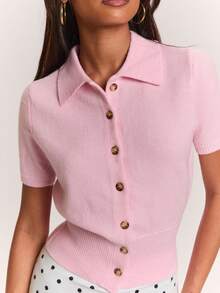 SHEIN BAE Solid Color Lapel Waist-Cinching Slim Fit Short Sleeve Women's Cardigan Sweater - Pink - View 4