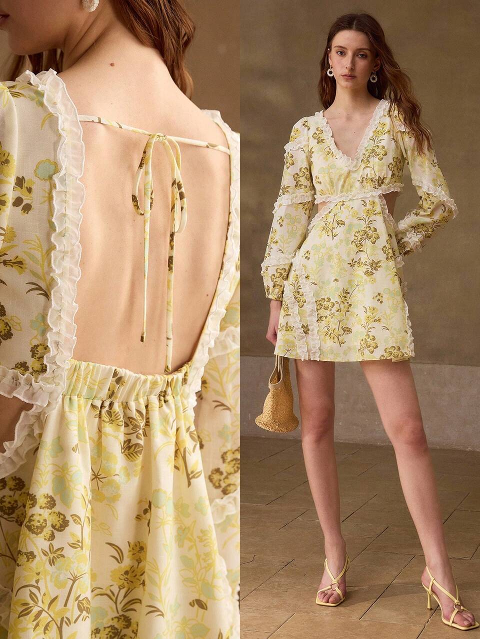 PATCHWORK FRILL TRIM FLORAL PRINT DRESS