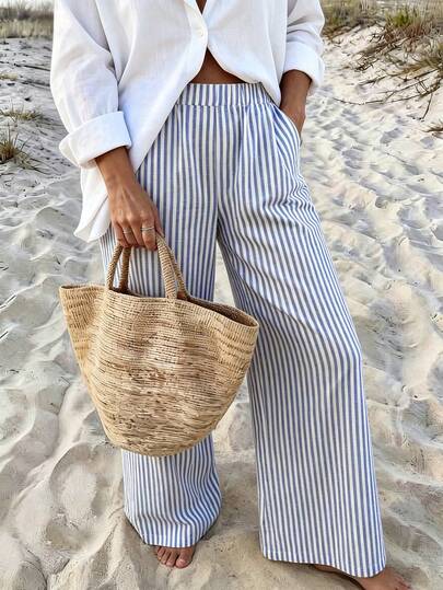 Vaclyn Women's Casual Vacation Style Striped Wide Leg Loose Long Pants