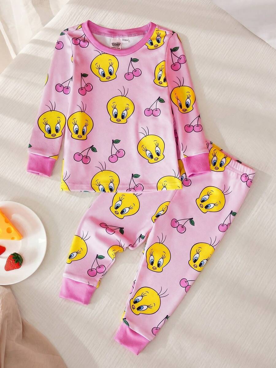 LOONEY TUNES X SHEIN 2 件套女婴卡通小鸟和樱桃印花粉色可爱甜美风格长袖 T 恤和紧身裤睡衣套装 - 彩色 - 查看 1